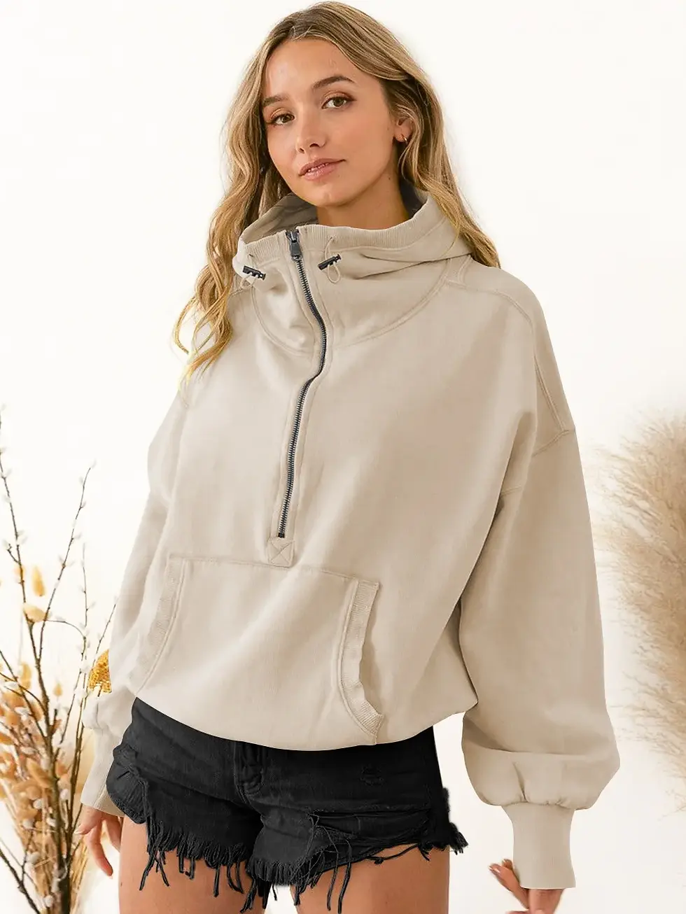 Thumbnail: Loose Half Zipper Sweatshirt With Pocket & Hoodie