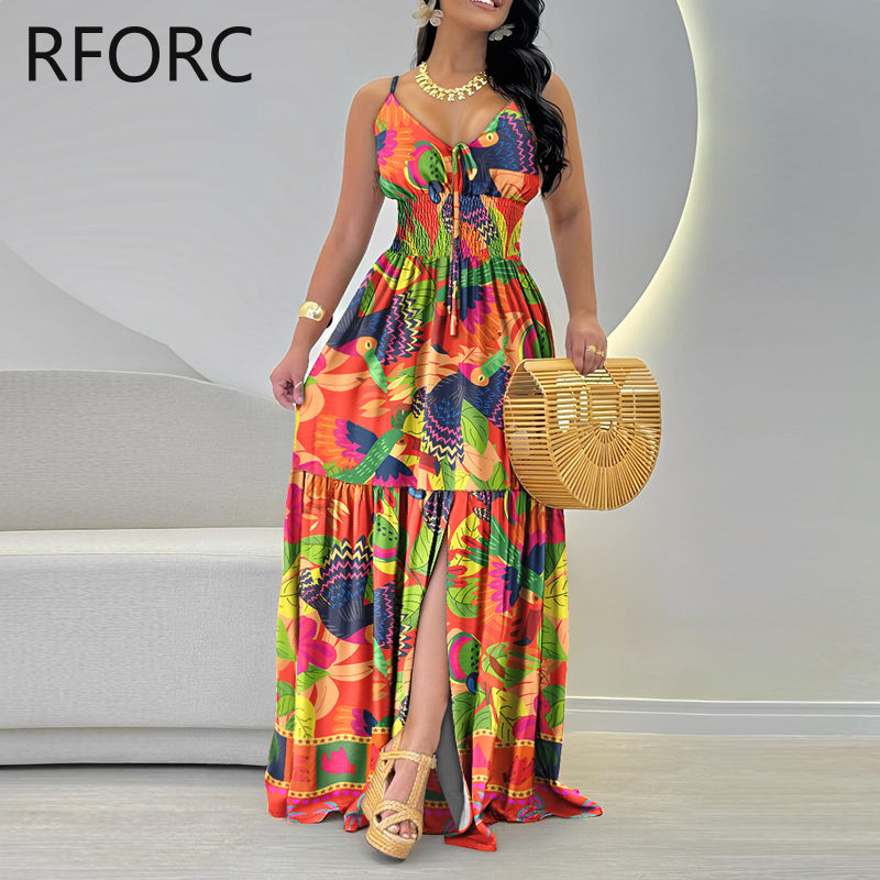 Thumbnail: 2024 Women All Over Print Spaghetti Straps Ruffle Hem Silt Maxi Casual Vacation 