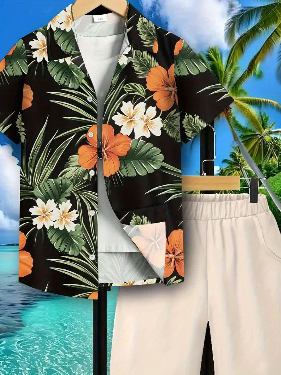 Thumbnail: Tween Boys' Two-piece Shorts Set, Tropical Hawaiian Vacation Style, Floral Print