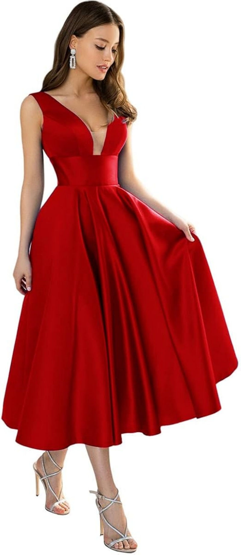 Thumbnail: Satin Party Dresses Short  A Line Tea Length Formal Evening Dress with Pockets V