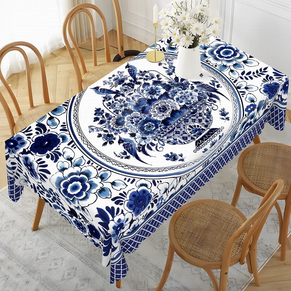 Thumbnail: Elegant Blue & White Floral Tablecloth - Traditional Chinese Ceramic Design, Int