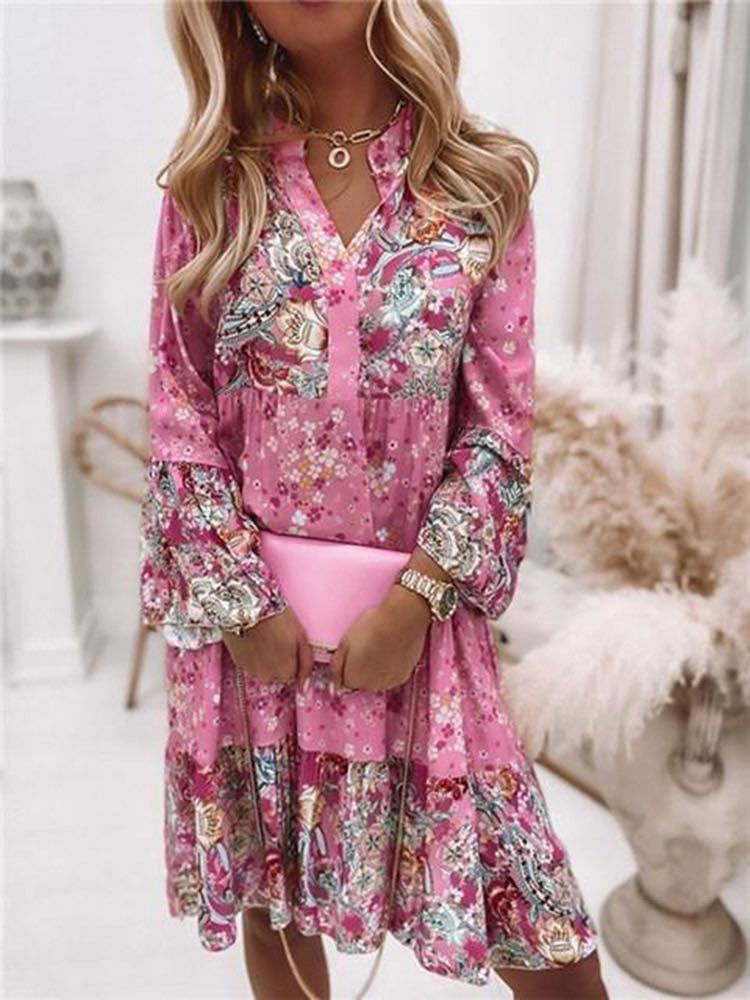 Thumbnail: Casual Floral Print Dresses For Women 2024 Sping Summer Boho V Neck Loose A Line