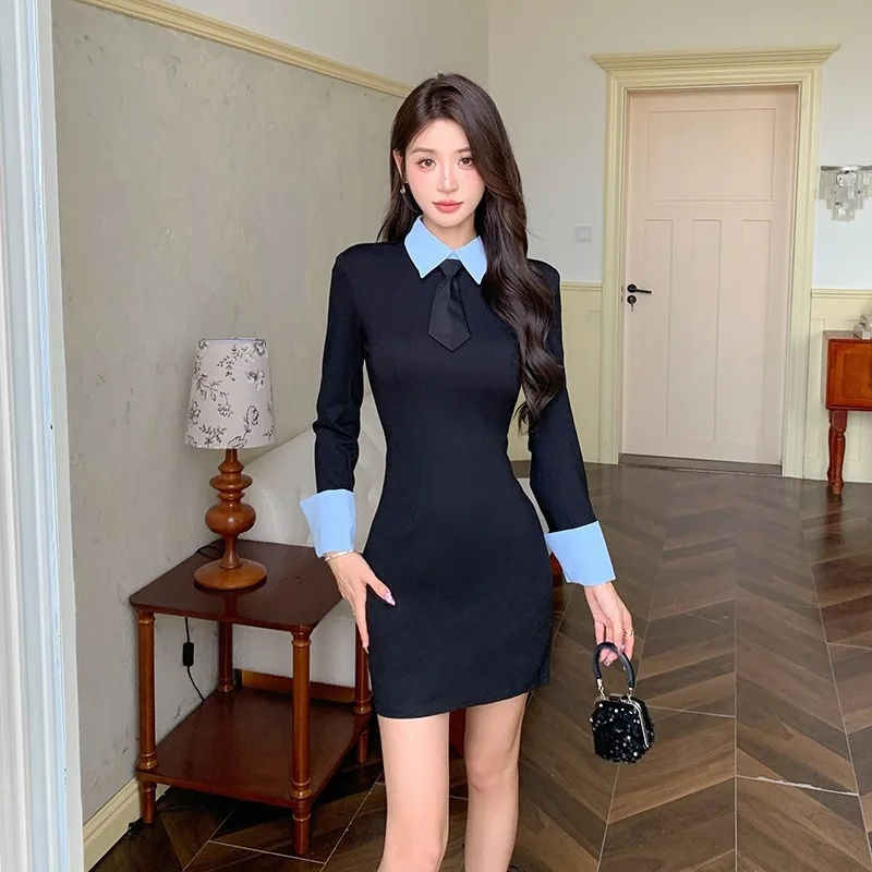 Thumbnail: Elegant Fashionable Casual Slimming Long Sleeve Dress Socialite Style Waist-Fitt