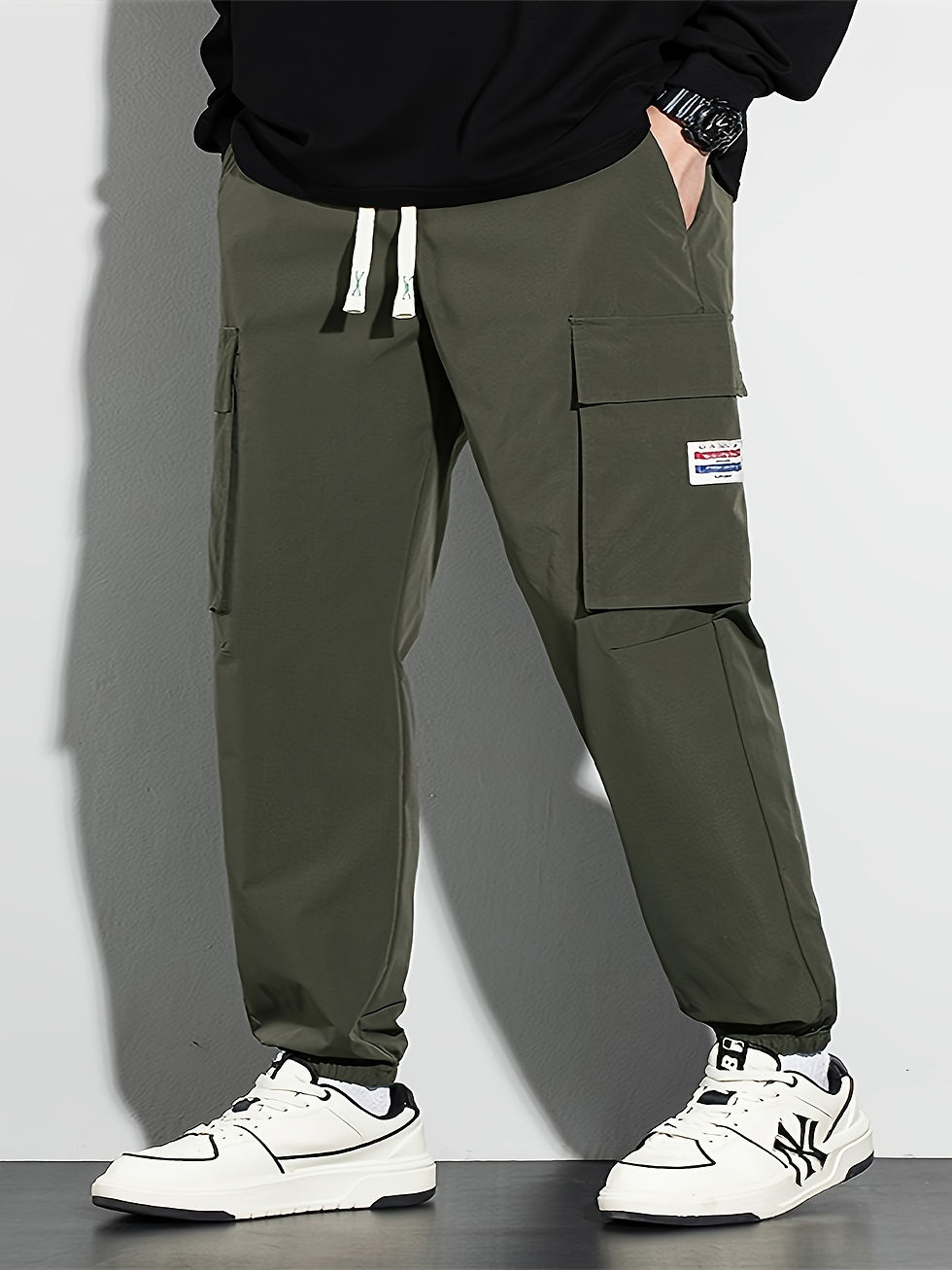 Thumbnail: Men's Casual Cargo Pants with Multiple Pockets - Loose Fit, Drawstring Waist, Po