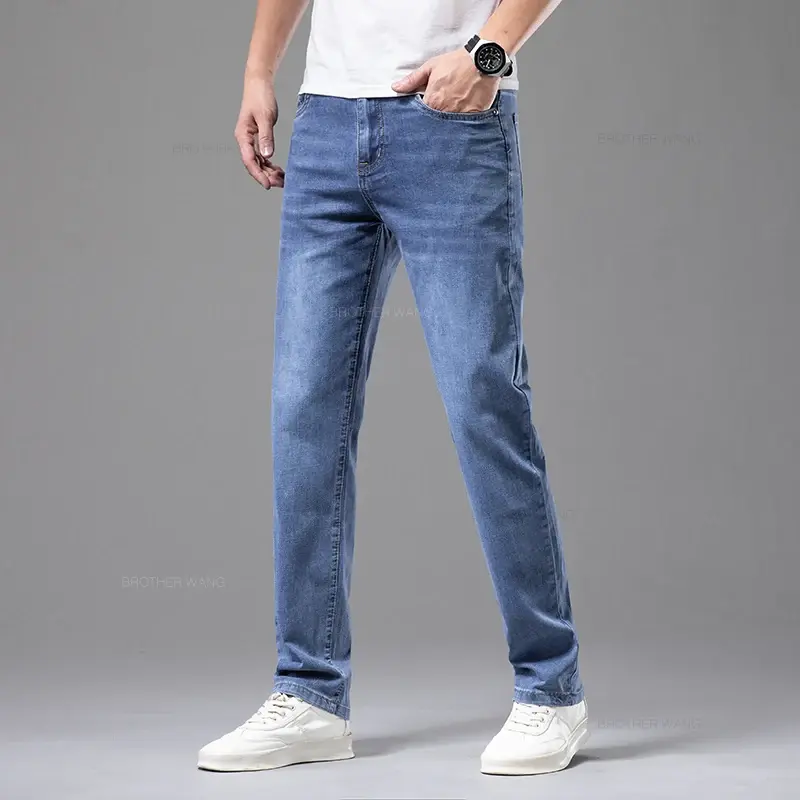 Thumbnail: Summer Thin Men's Elastic Cotton Jeans Fashion Gray Comfortable Business Straigh