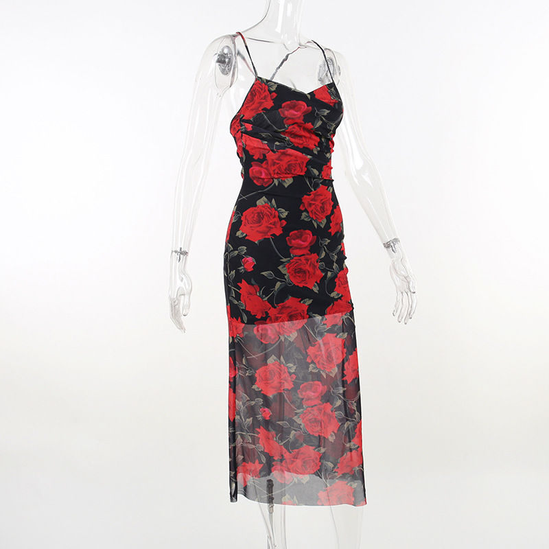 Thumbnail: Flowers Print Spaghetti Strap Dresses Women Temperament Package Hip Bodycon Long