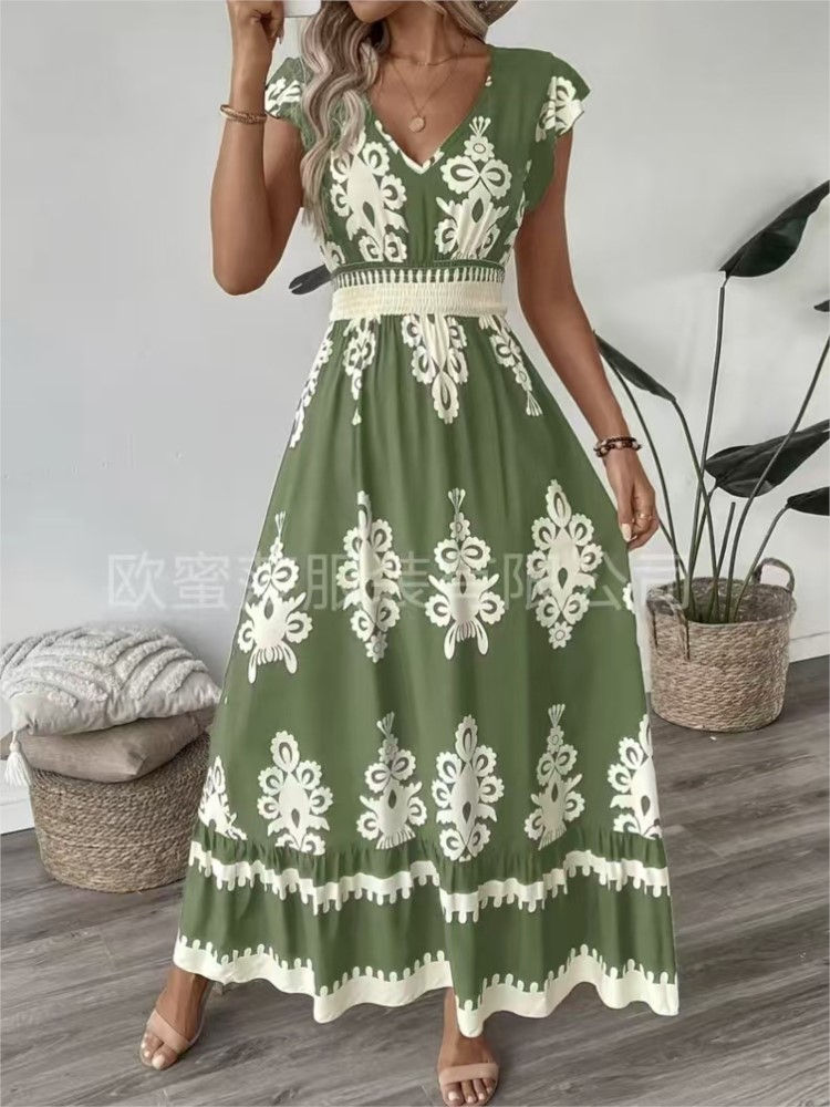Thumbnail: Women's Holiday Wind Beach Print Dress Summer Fashion High Waist Slim Body Casua
