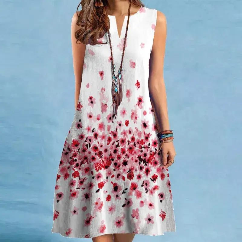 Thumbnail: Elegant Flower Power Print Mini Dress 2025 New Women Summer V-neck Sleeveless Se