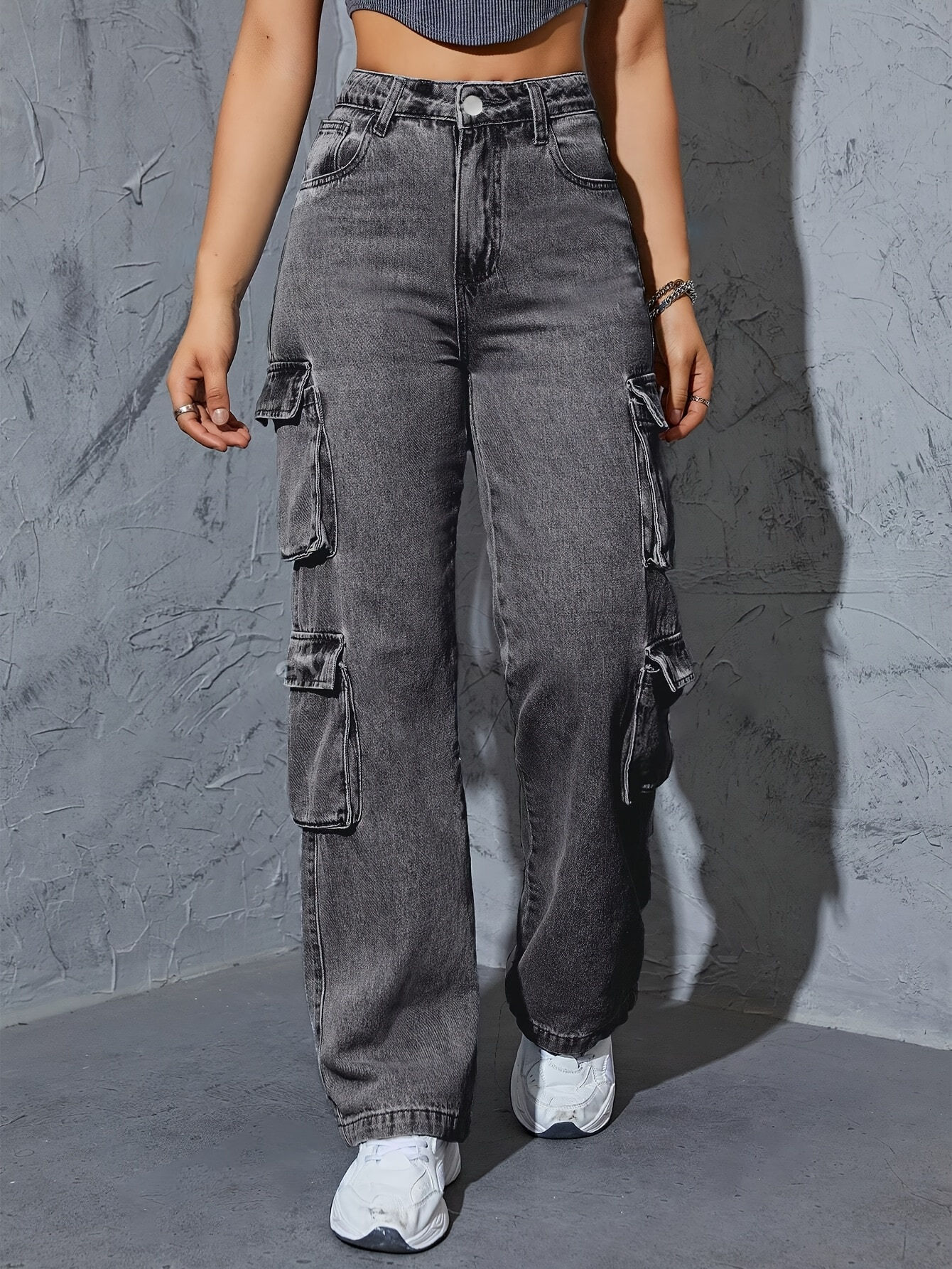 Street Style Women's Dark Gray High-Waist Cargo Jeans - Stretchy, Loose Fit, Mul