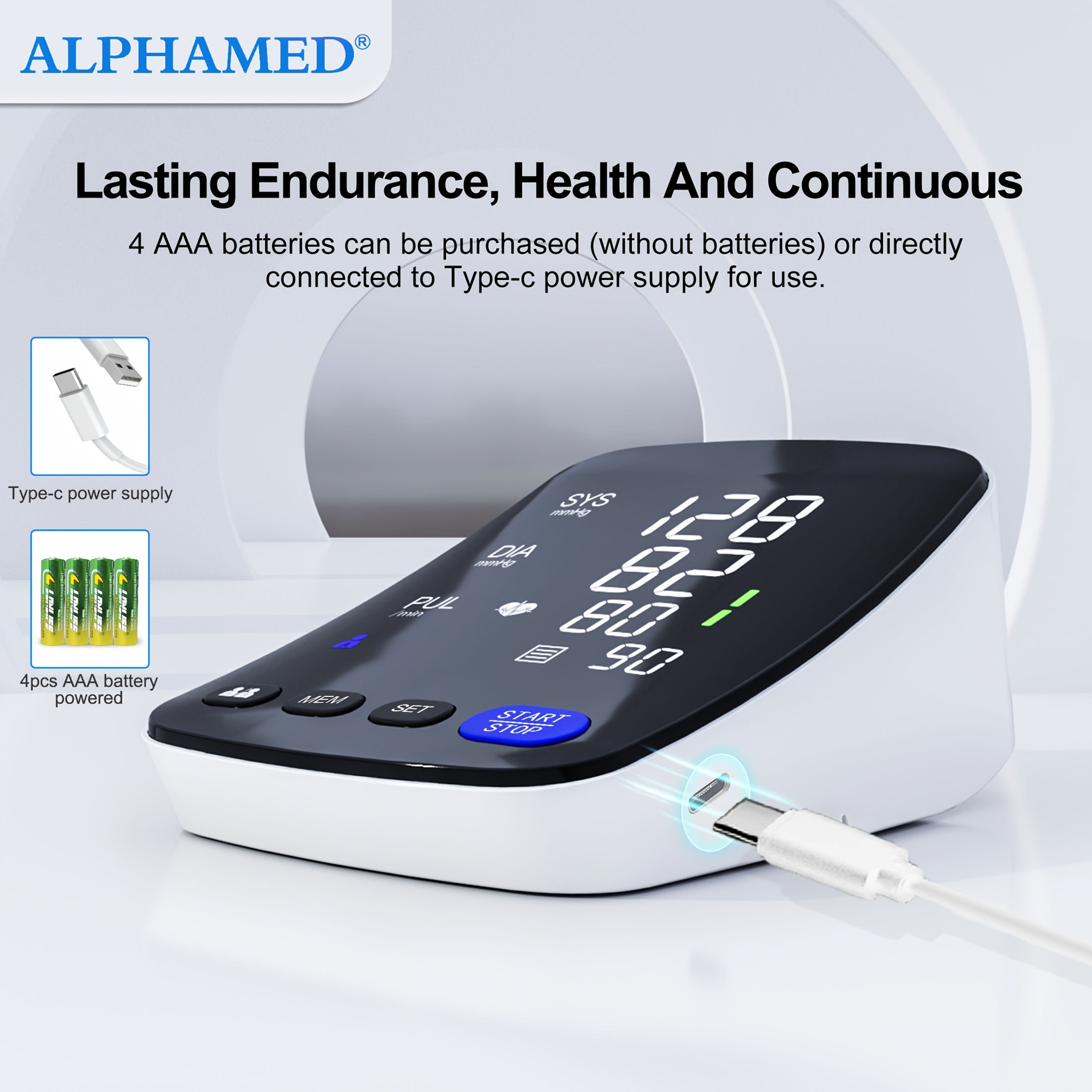 ALPHAMED Upper Arm Digital Sphygmomanometer, LED Curved Screen, 22.1-43.18 cm, A