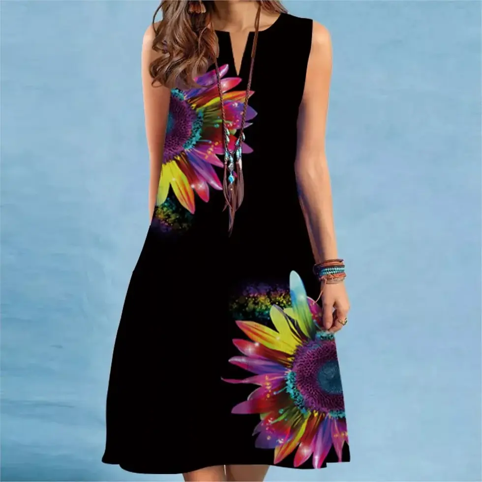 Thumbnail: Elegant Flower Power Print Mini Dress 2025 New Women Summer V-neck Sleeveless Se