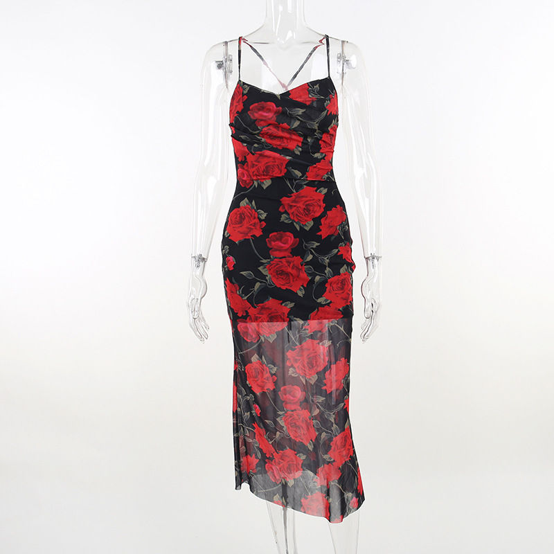 Thumbnail: Flowers Print Spaghetti Strap Dresses Women Temperament Package Hip Bodycon Long