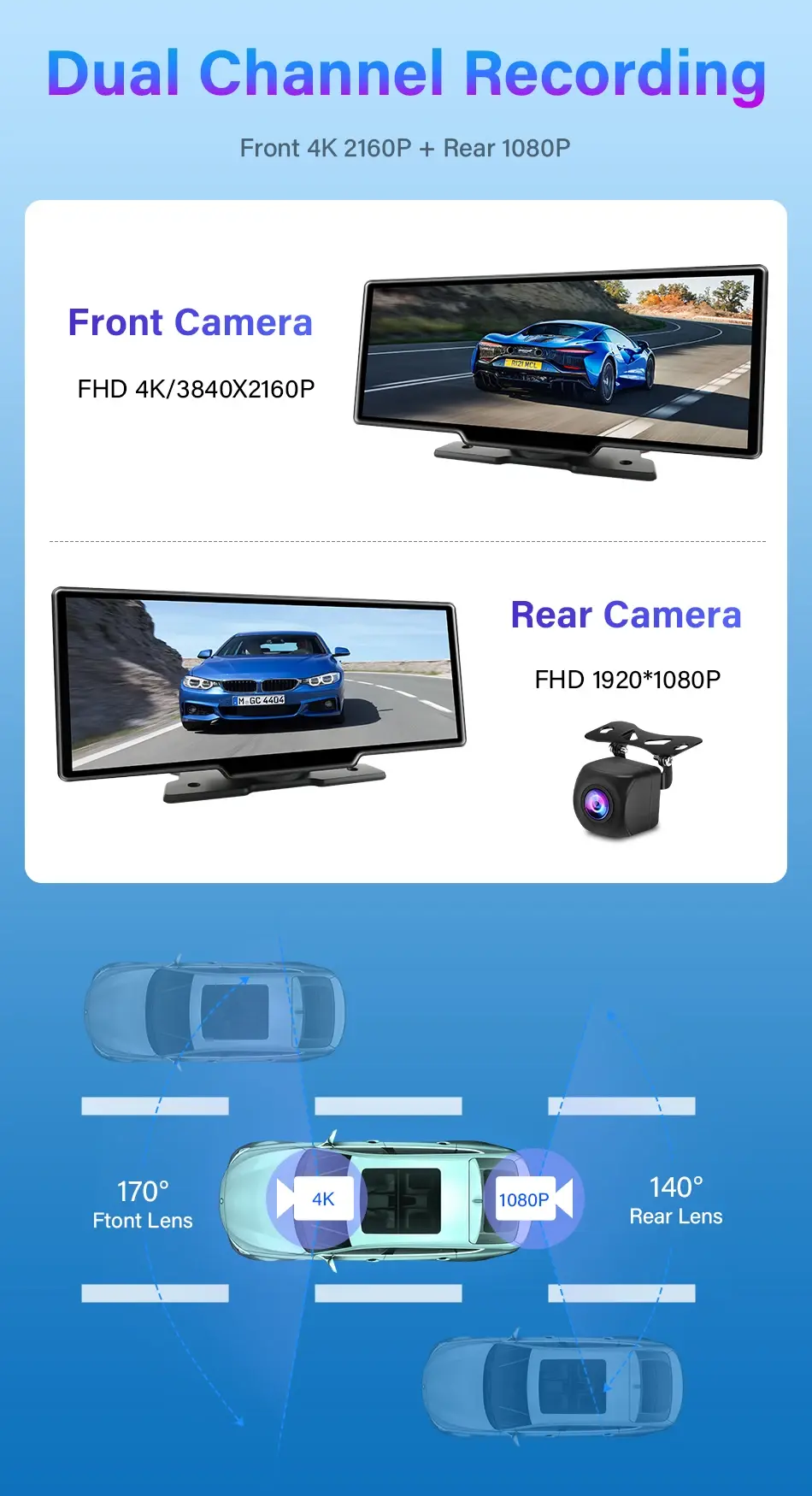 Thumbnail: YunPan 10.26" Dash Cam 4k 2160p Rearview Camera Carplay & Android Auto Dvr Gps N