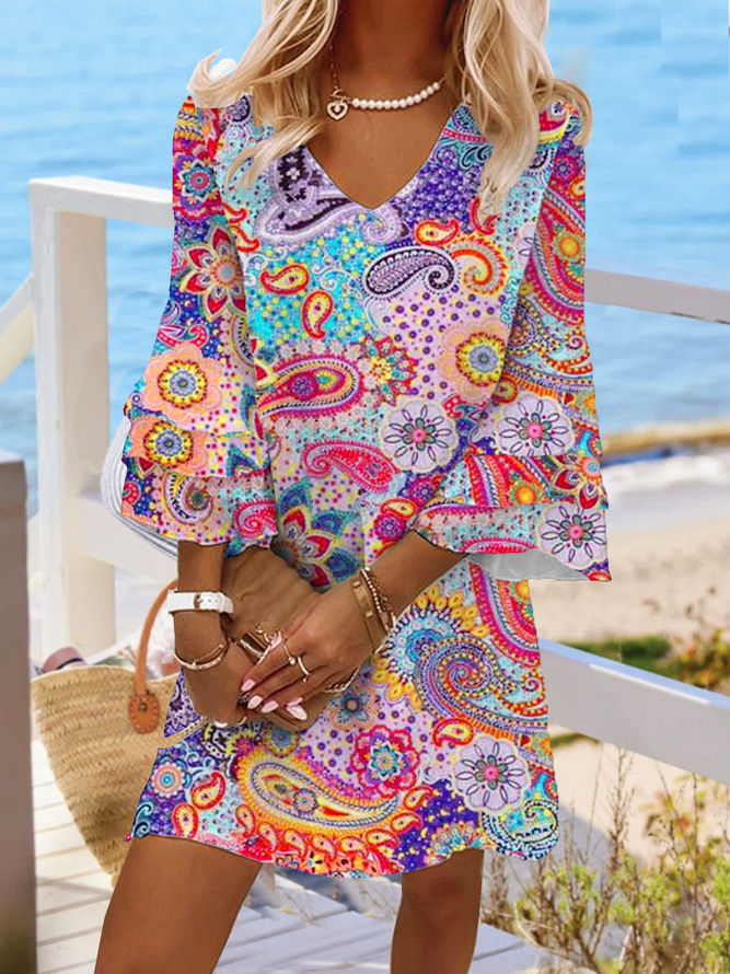 Thumbnail: Summer Print Mini Dress for Women 2026 Fashion V-neck 3/4 Flare Sleeve A-line Ca
