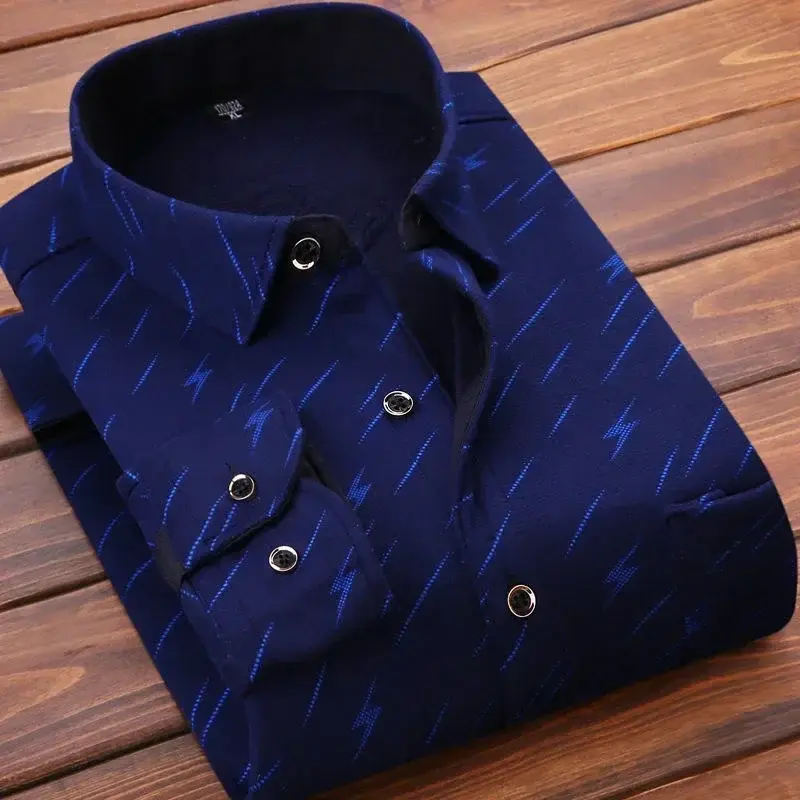 Thumbnail: 2024 Men's Winter Warm Long Sleeve Plaid Shirts Flannel Fur Lined Thick Formal S