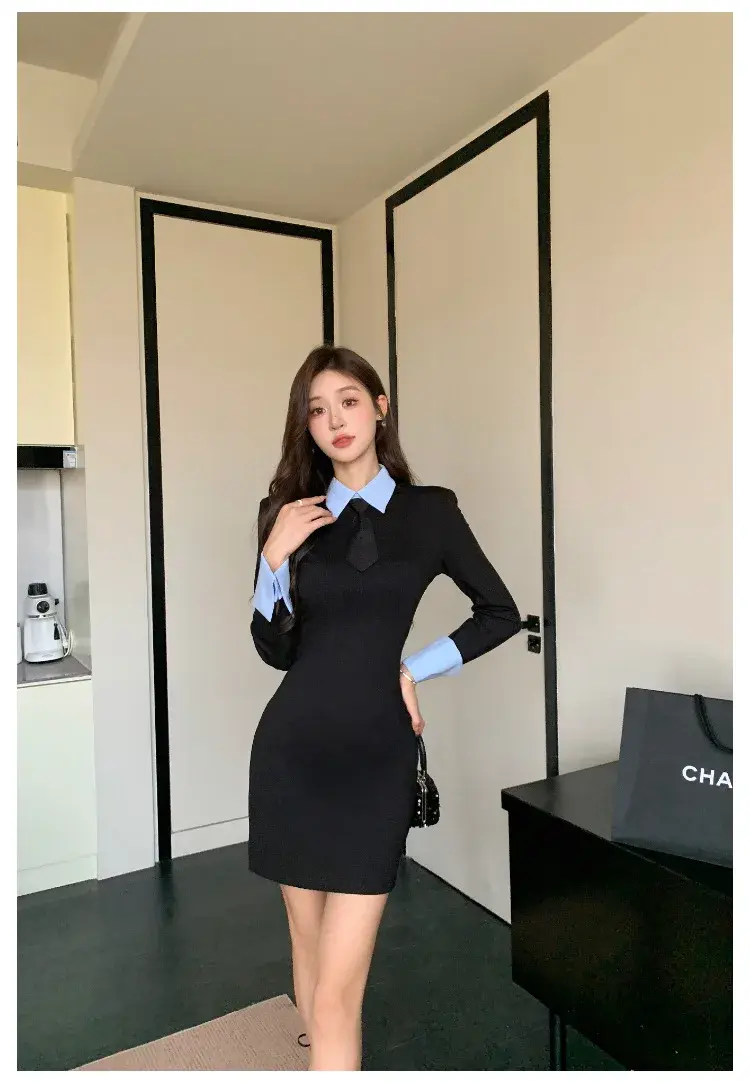 Thumbnail: Elegant Fashionable Casual Slimming Long Sleeve Dress Socialite Style Waist-Fitt