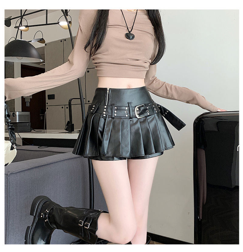 Thumbnail: Women's Black Gothic A-line Pleated Leather Skirt Y2k Mini Shorts Skirts Harajuk