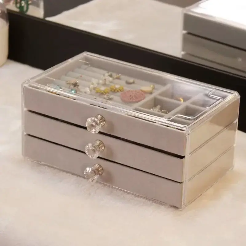 Thumbnail: Velvet Acrylic Jewelry Organizer With 3 Drawers Stackable Display Storage Earrin
