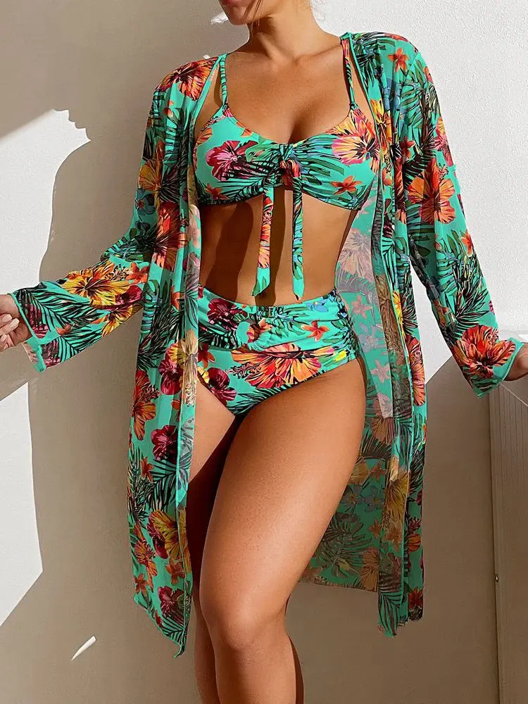 Thumbnail: Sexy High Waisted Three Pieces Floral Printed Swimsuit / Bikini Set for Women