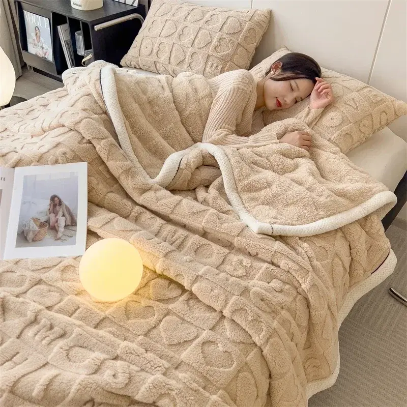 Thumbnail: Winter Thick Lamb Fleece Blanket Solid Color Hibiscus Nap Blanket Coral Fleece H
