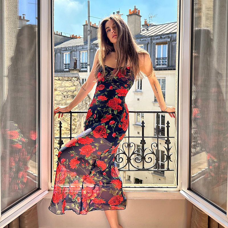 Thumbnail: Flowers Print Spaghetti Strap Dresses Women Temperament Package Hip Bodycon Long