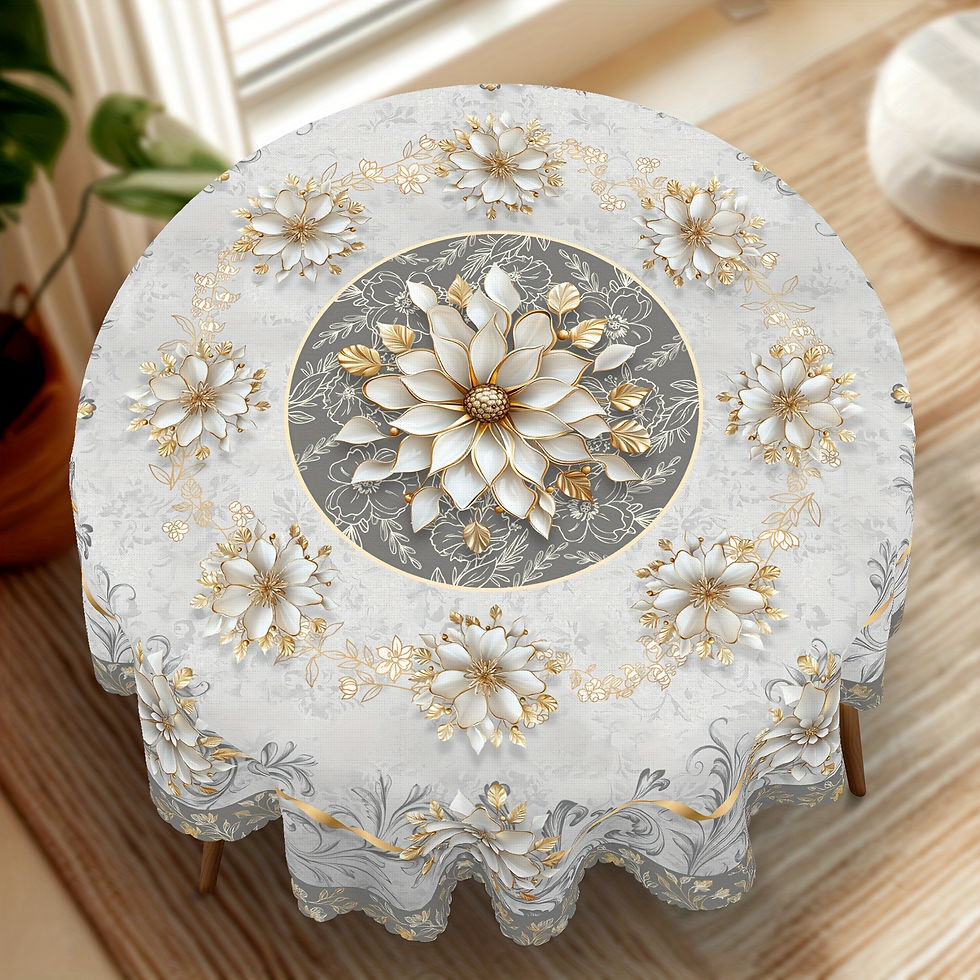 Thumbnail: 1 Elegant White and Golden Floral Tablecloth, Retro Silvery Gray Luxury Style, R