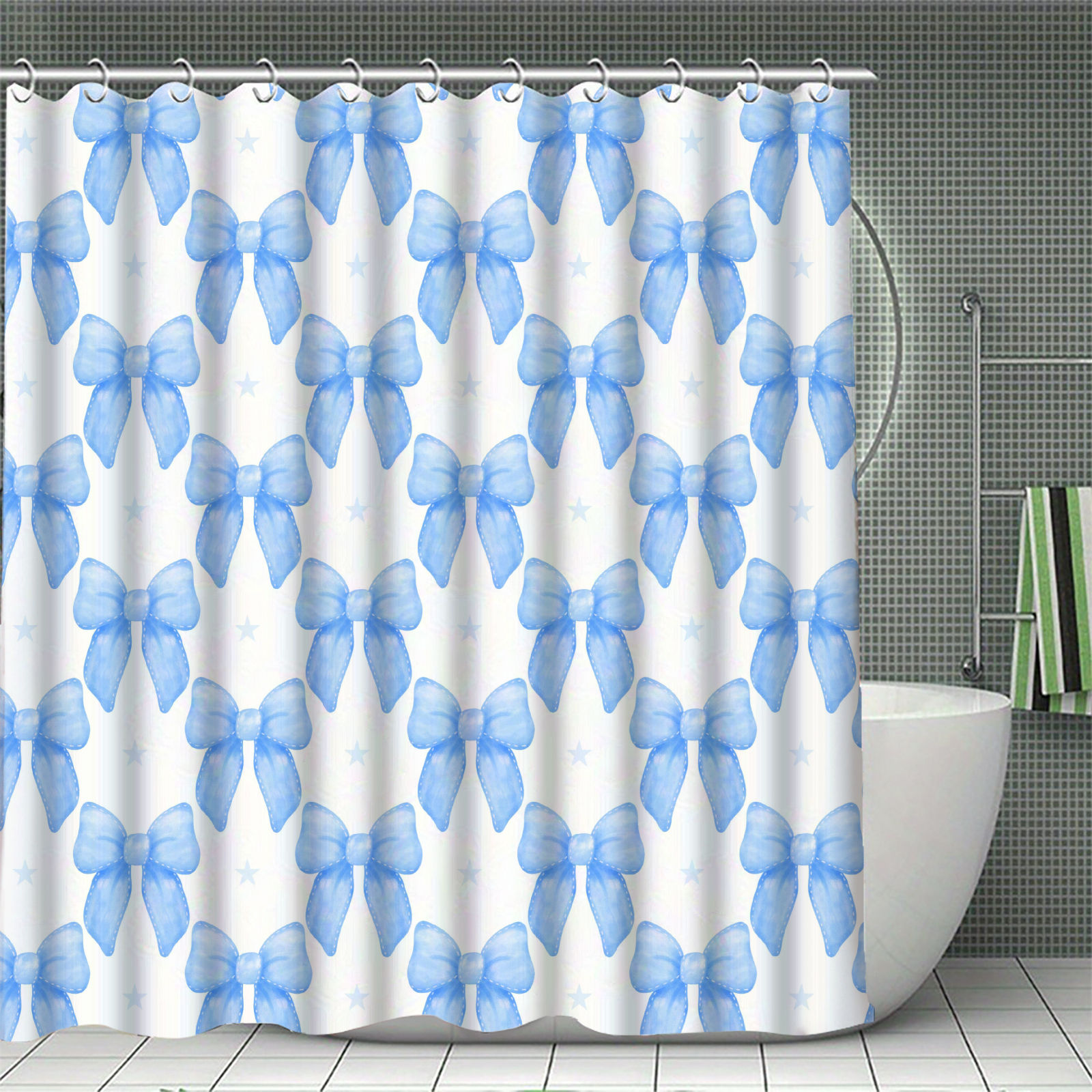 Blue Bowknot Curtains Shower Curtain Set for Bathroom Modern Bath Rug Decor For