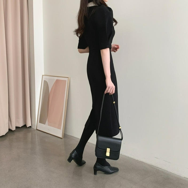 Thumbnail: Neploe Temperament Contrast Color Lady Robe Femme High Waist Short Puff Sleeve V