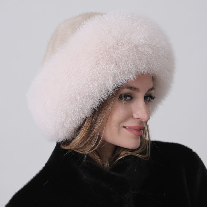Thumbnail: Real Fur Dome Hats for Women Natural Fox Mink Fur Cap Winter Luxury Warm Fashion