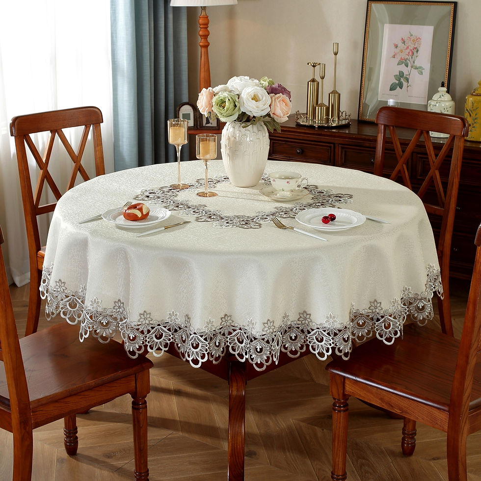 Thumbnail: Elegant Embroidered Polyester Round Tablecloth with Dual-Tone Lace Border - Mach