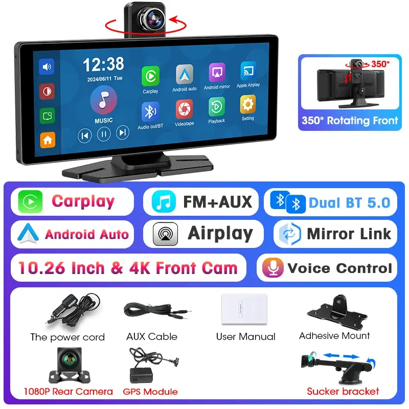 Thumbnail: 10.26" Car DVR Intelligent Screen with 360° 4K Rotation Dash Cam Wireless CarPl