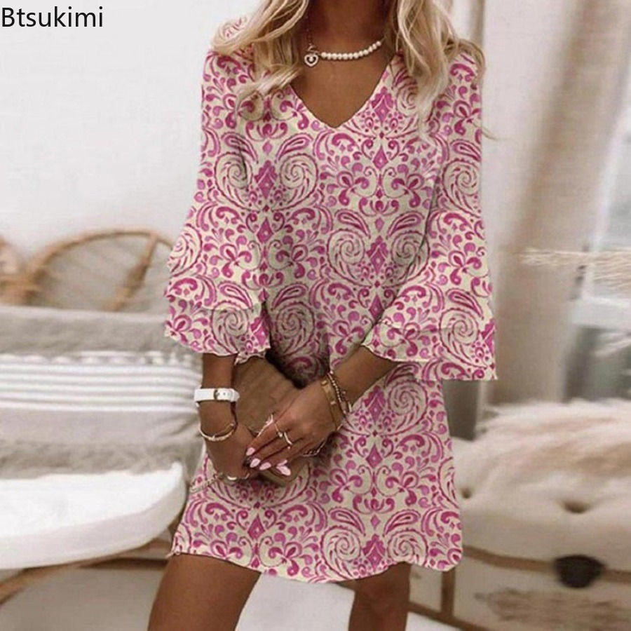 Thumbnail: Summer Print Mini Dress for Women 2026 Fashion V-neck 3/4 Flare Sleeve A-line Ca