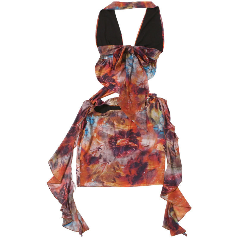Thumbnail: Sexy Halter Printed Beach Mini Dress Women Fashion Slim Hollow Out Sleeveless Ba