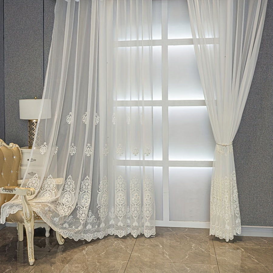Thumbnail: 2pcs Elegant Handmade Faux Pearl & White Floral Embroidered Sheer Curtains - Del