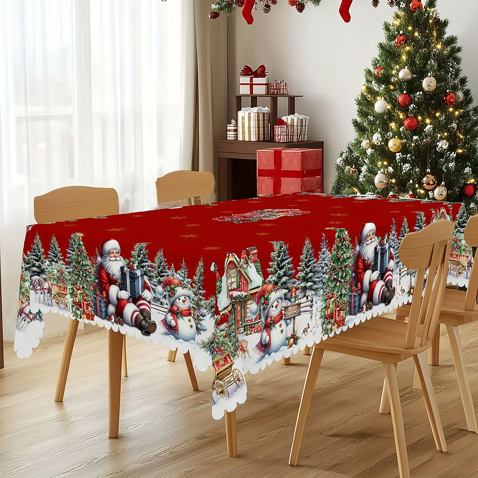 Christmas Tablecloth - Durable Polyester Santa Claus, Snowman and Christmas Tree