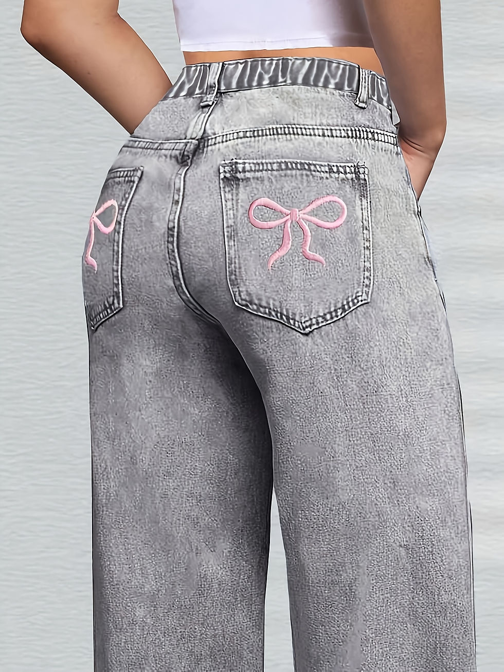 Thumbnail: Trendy Embroidered Back Pocket Wide-Leg Jeans with an Elastic Waistband for Teen