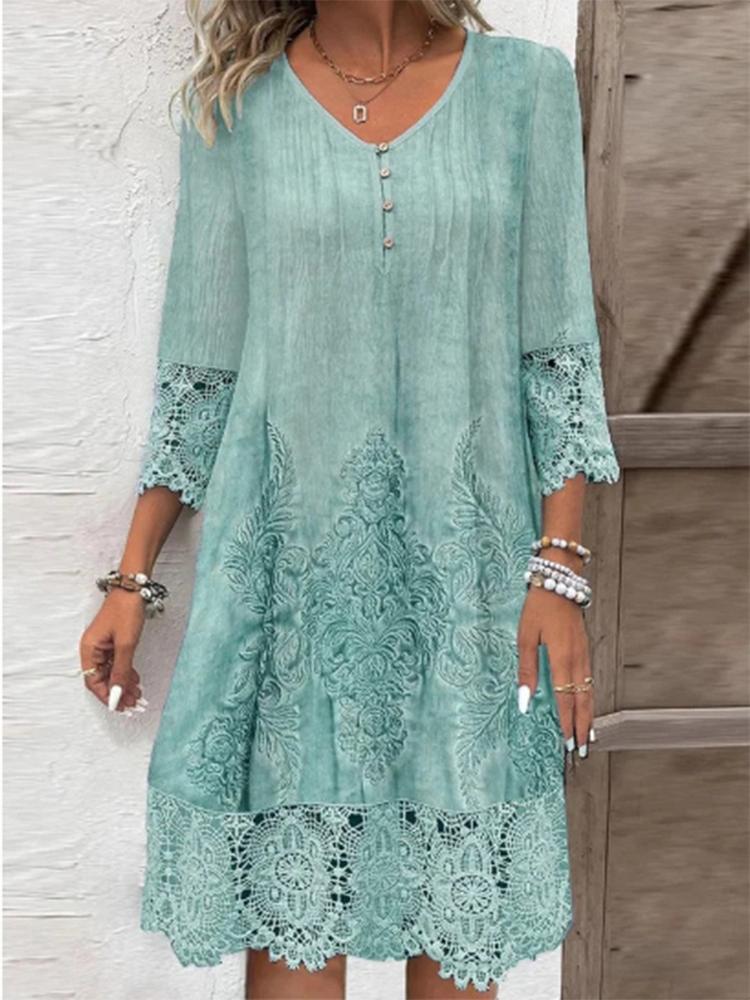 Thumbnail: Button V-neck Short Sleeved Lace Printed Women's Dress Elegant Casual Fashionabl