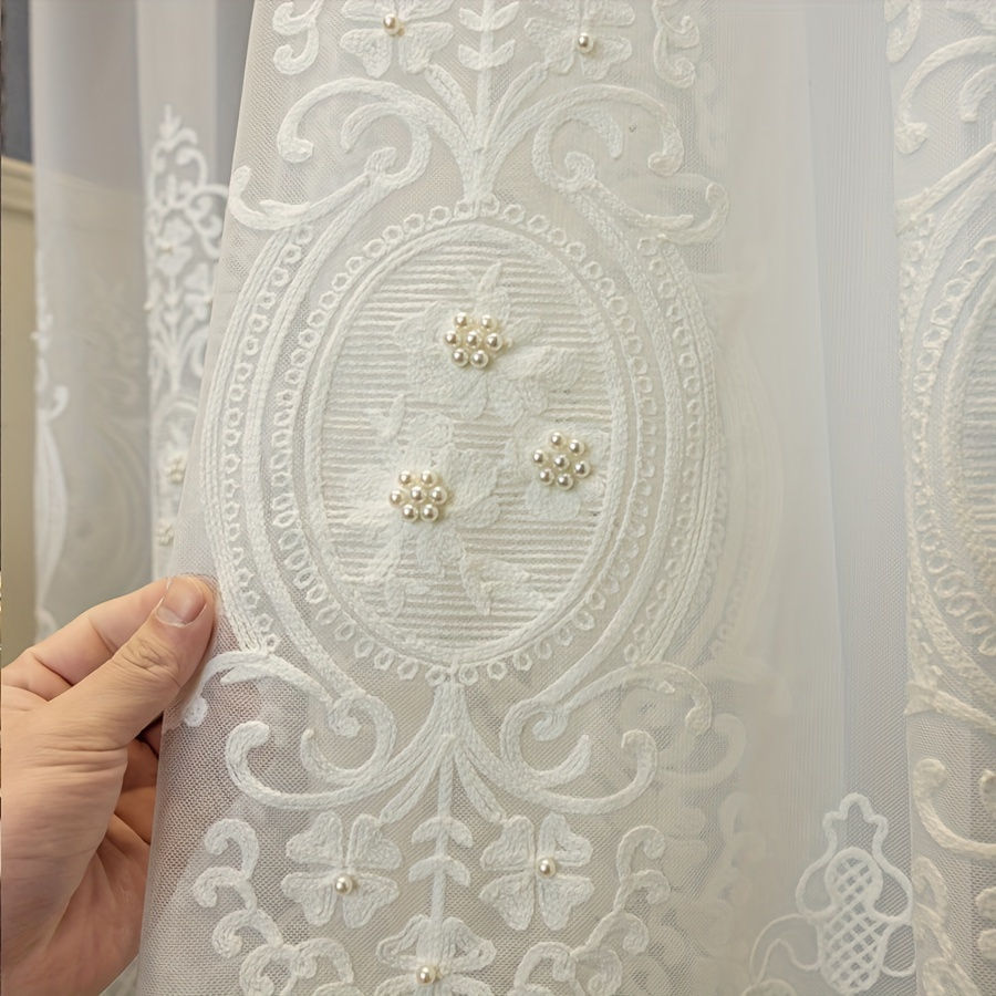 Thumbnail: 2pcs Elegant Handmade Faux Pearl & White Floral Embroidered Sheer Curtains - Del