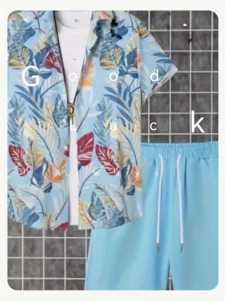 Thumbnail: 2-piece Men's Summer Outfit Set, Leafs Pattern Allover Print Short Sleeve Shirt 