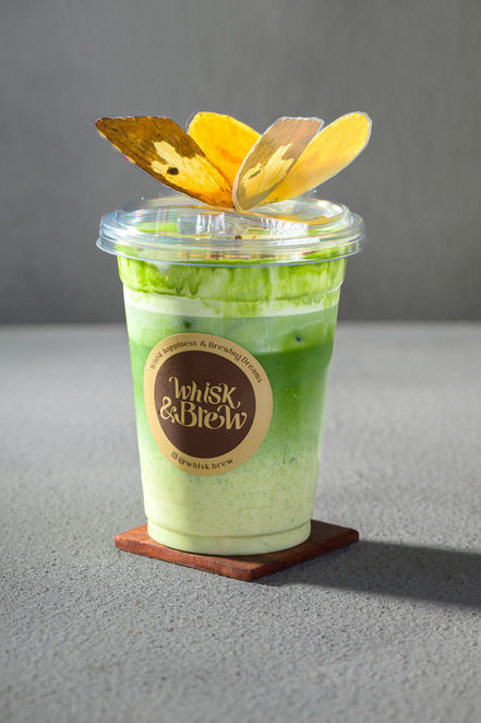 Whisk and Brew matcha drink with gold leaf, food delivery photography Dubai