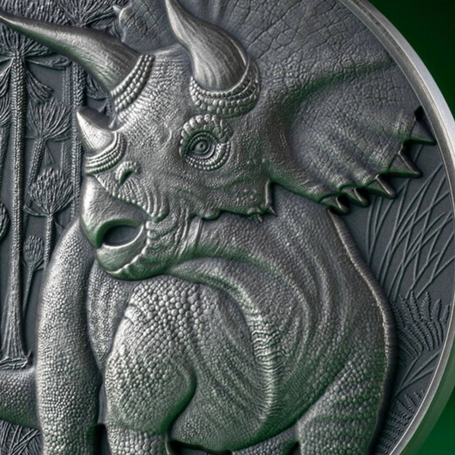 Срібна монета Cameroon 2025 Lost World Triceratops 2 oz Ag .999