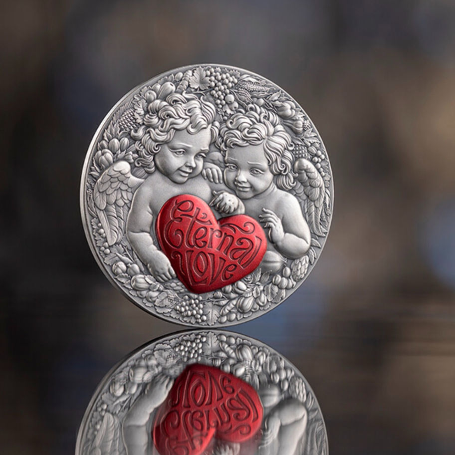 Реверс монети – два купідони в обіймах, символ вічного кохання, цифровий кольоровий дизайн