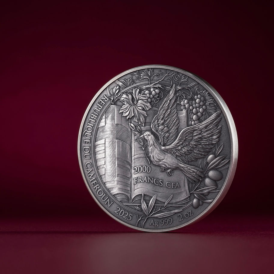 Срібна монета The Annunciation 2025, 2 унції срібла .999, високий рельєф, античний фініш, серія Bible Stories, Камерун