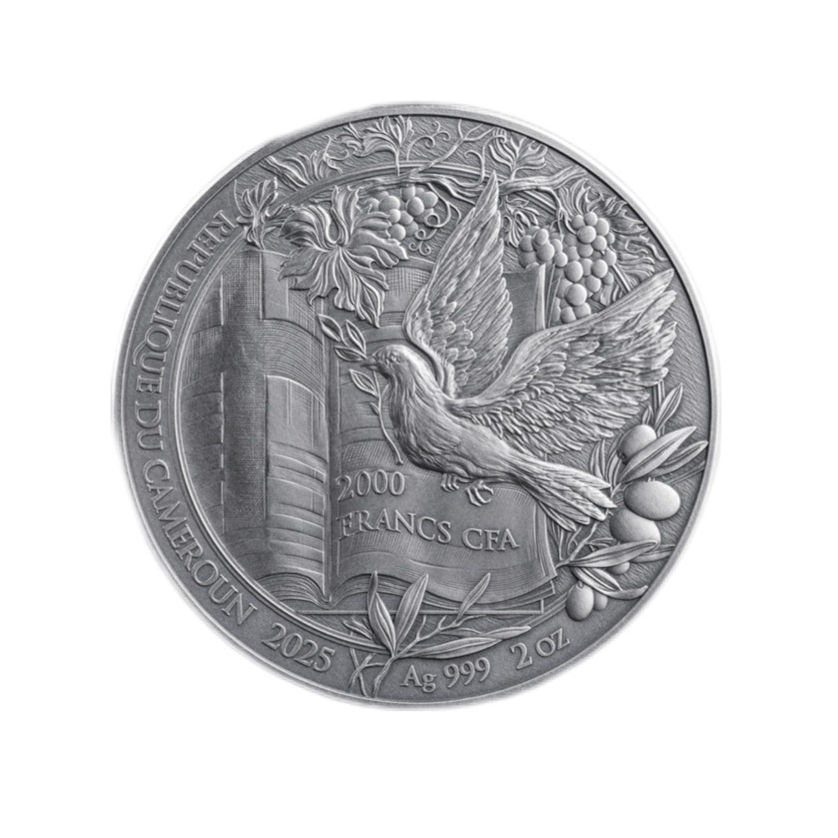 Срібна монета The Annunciation 2025, 2 унції срібла .999, високий рельєф, античний фініш, серія Bible Stories, Камерун