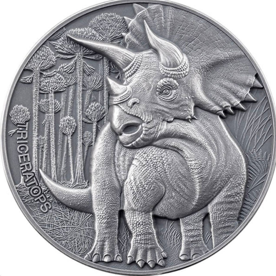 Срібна монета Cameroon 2025 Lost World Triceratops 2 oz Ag .999