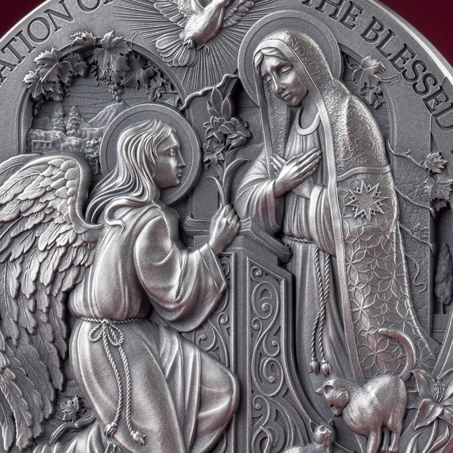 Реверс срібної монети The Annunciation 2025 — сцена Благовіщення з архангелом Гавриїлом і Дівою Марією, високий рельєф
