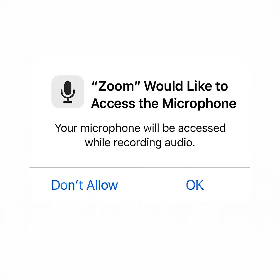 Microphone access prompt from Zoom. Text reads: "Your microphone will be accessed while recording audio." Options: "Don't Allow," "OK."
