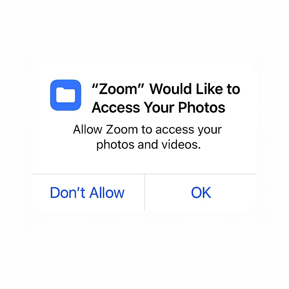 Zoom permission prompt asking to access photos and videos. Options "Don't Allow" and "OK" in blue. White background.