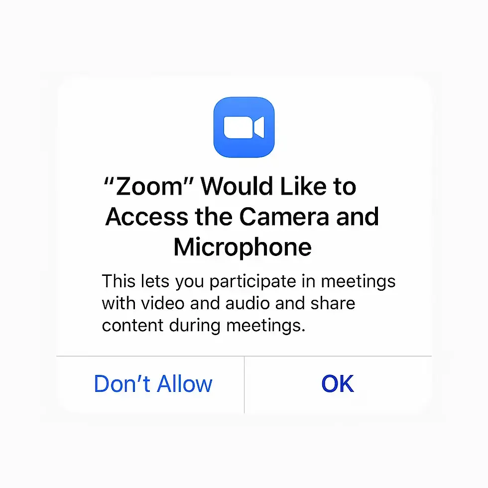 Zoom app permission request screen to access camera and microphone. Text explains video and audio use in meetings. Buttons: Don't Allow, OK.