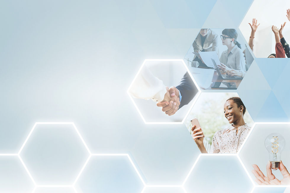 Hexagonal collage with diverse business themes_ teamwork, handshake, innovation. Includes